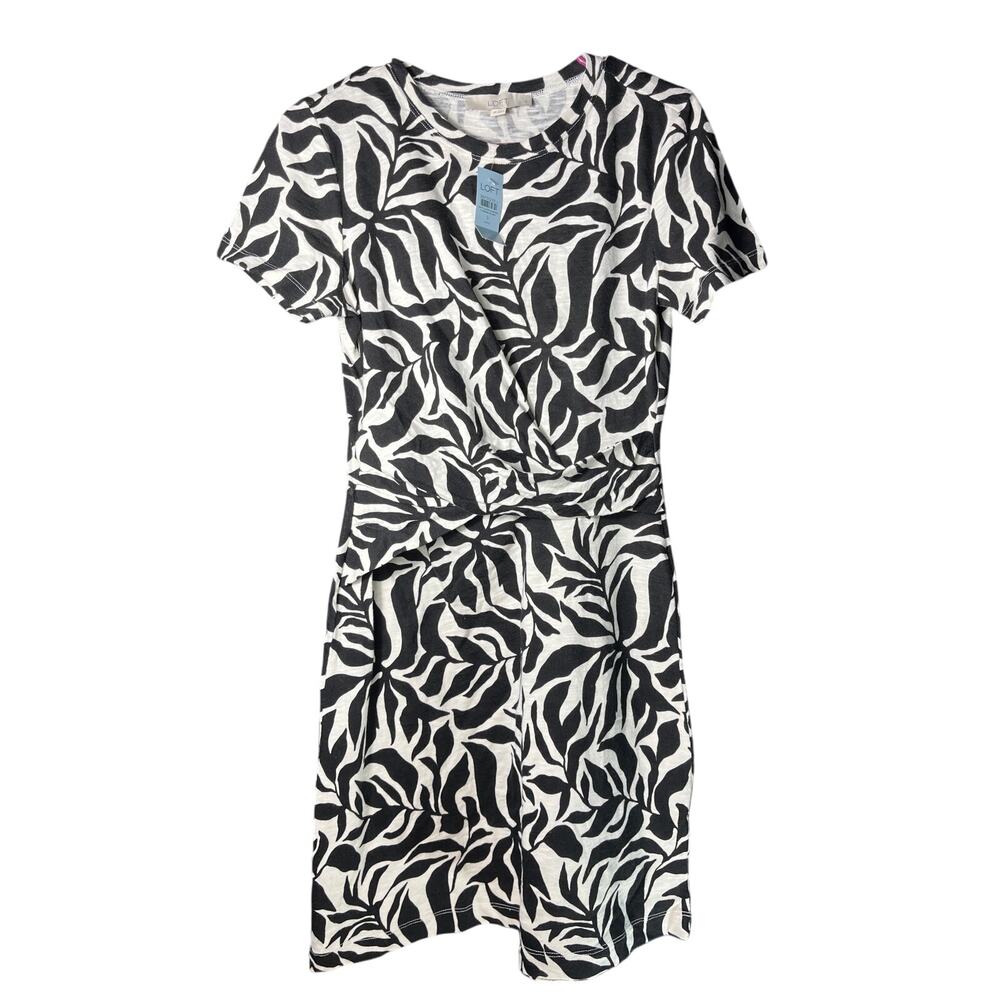 NWT Loft  Petite Small Black White Women’s Floral Short Sleeve 100% Cotton Dress